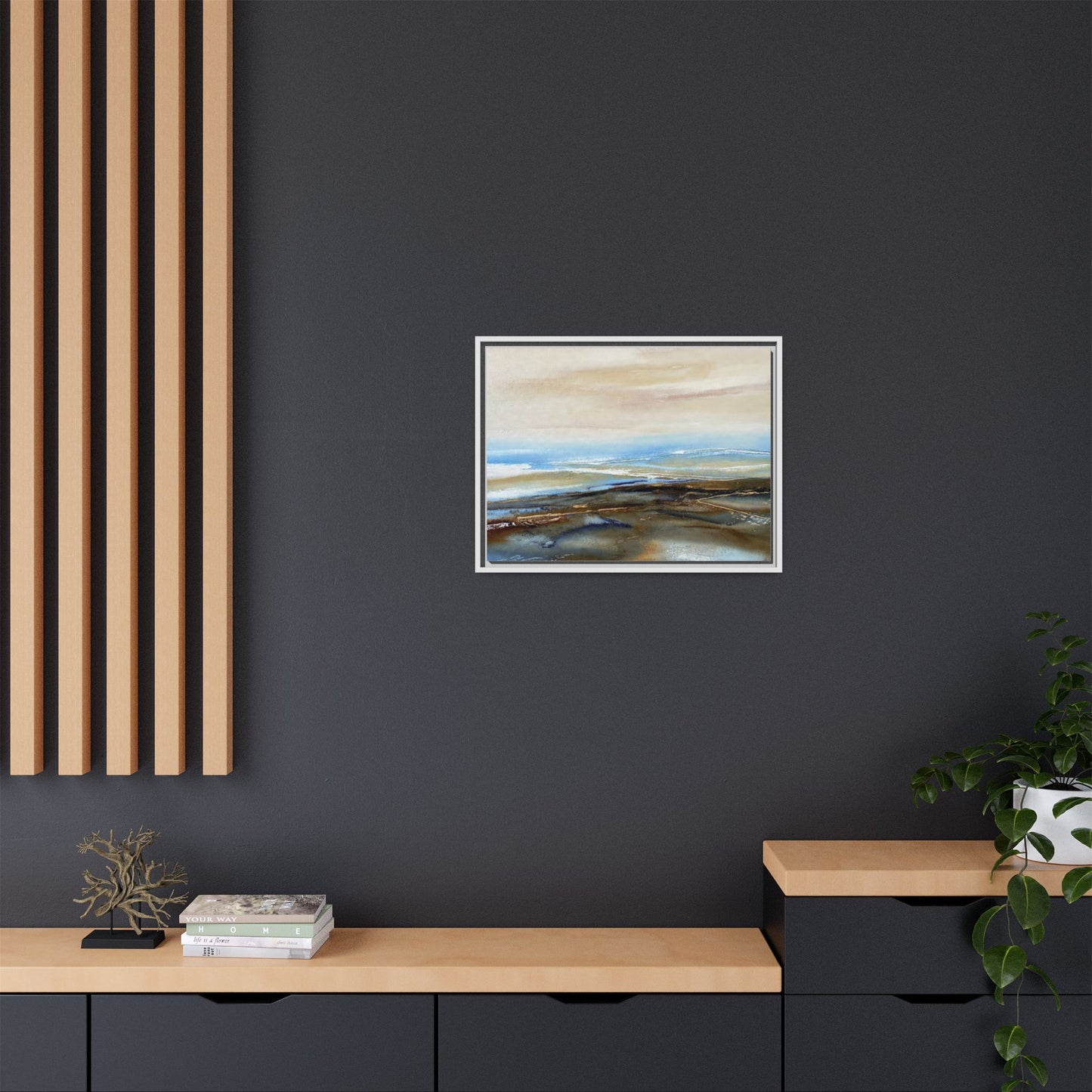Framed Abstract Seascape Matte Canvas — Coastal Blue & Earth Tone Wall Art