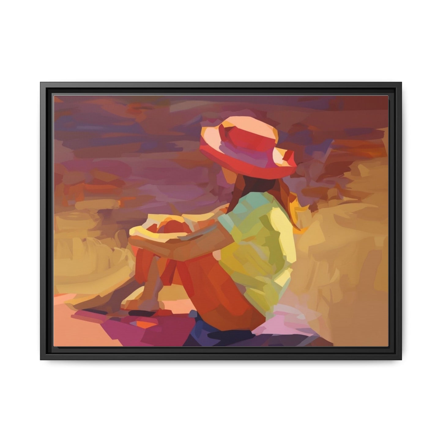 Framed Matte Canvas — Colorful Seated Girl Beach Art