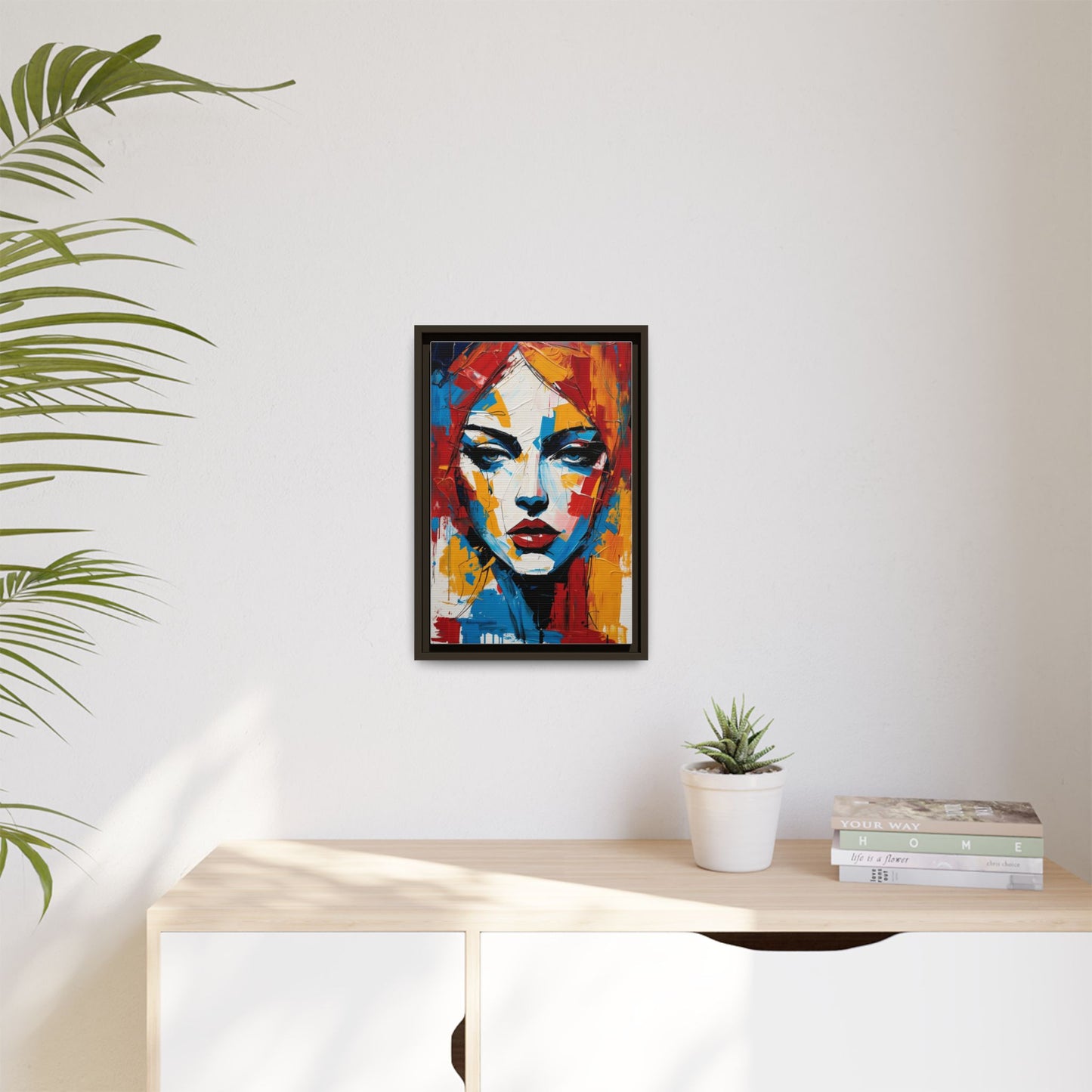 Framed Abstract Portrait Canvas — Colorful Female Face Wall Art