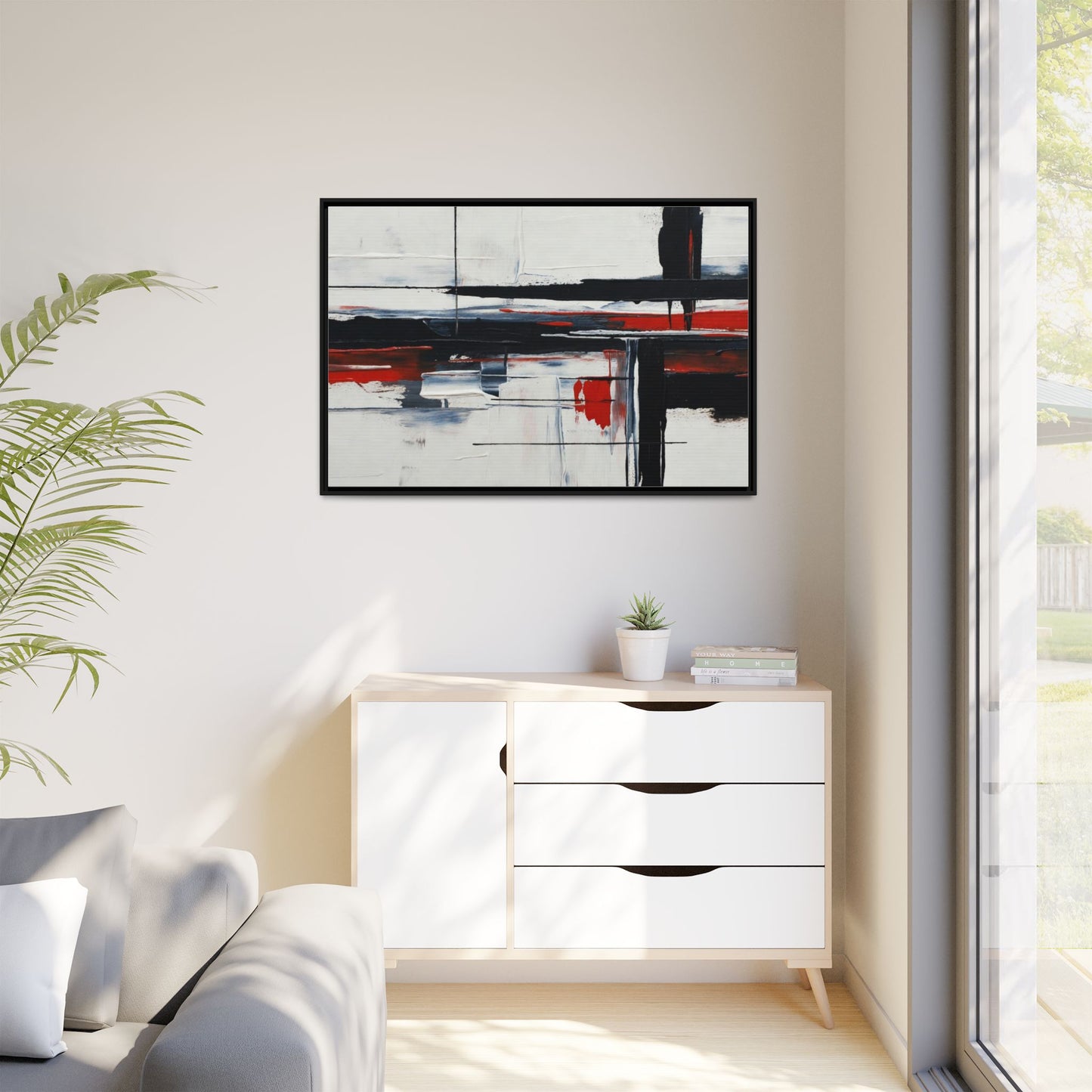 Abstract Red & Black Framed Canvas Art — Modern Matte Wall Painting