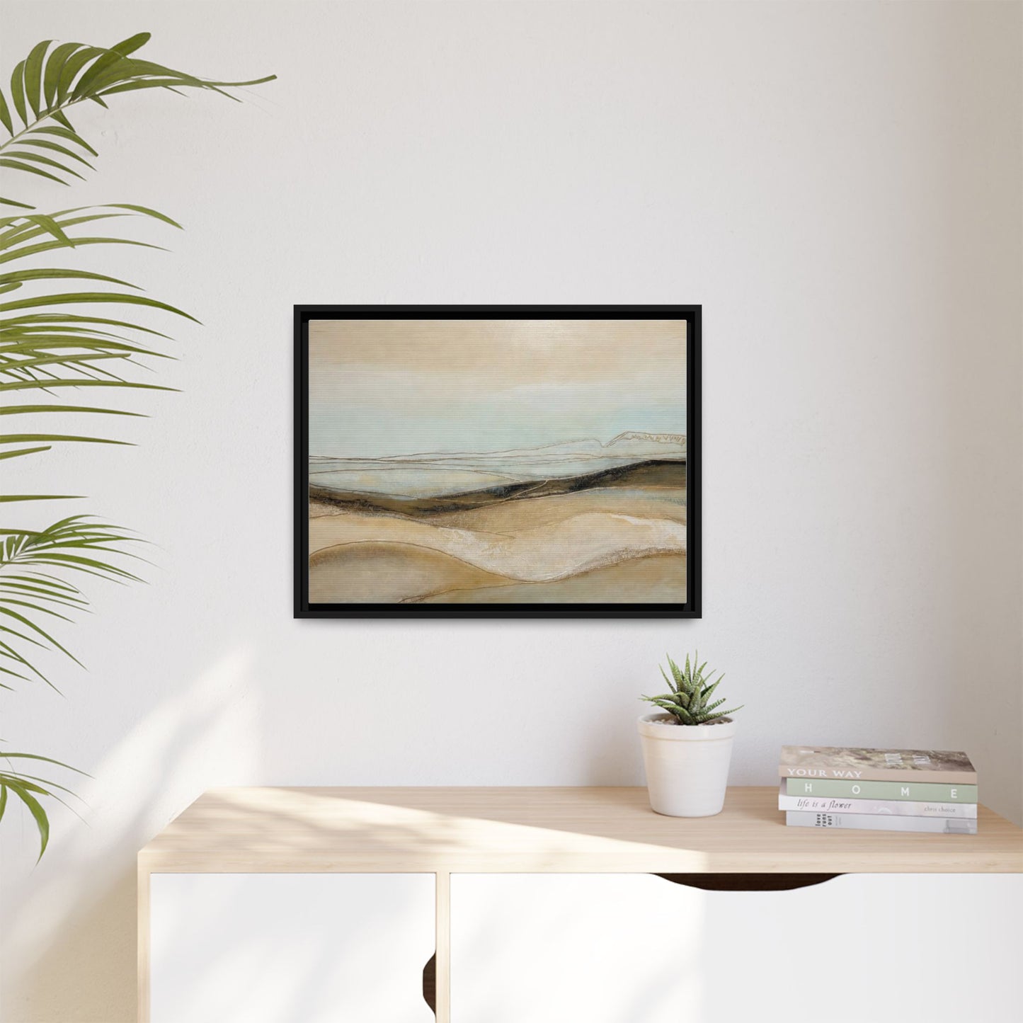 Framed Matte Canvas Wall Art — Neutral Abstract Landscape in Soft Blues & Earth Tones