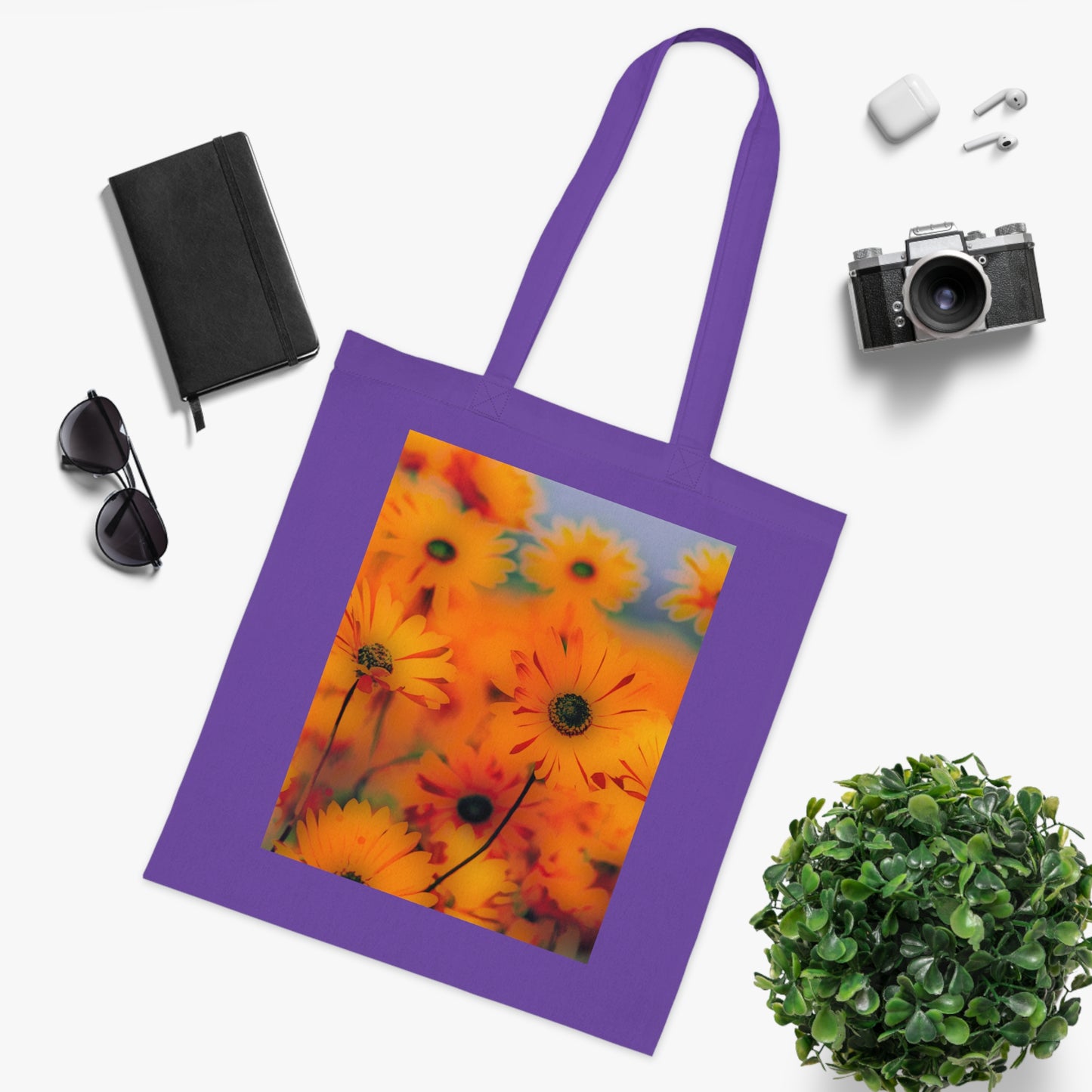 Floral Sunburst Cotton Tote — Bright Orange Daisy Print