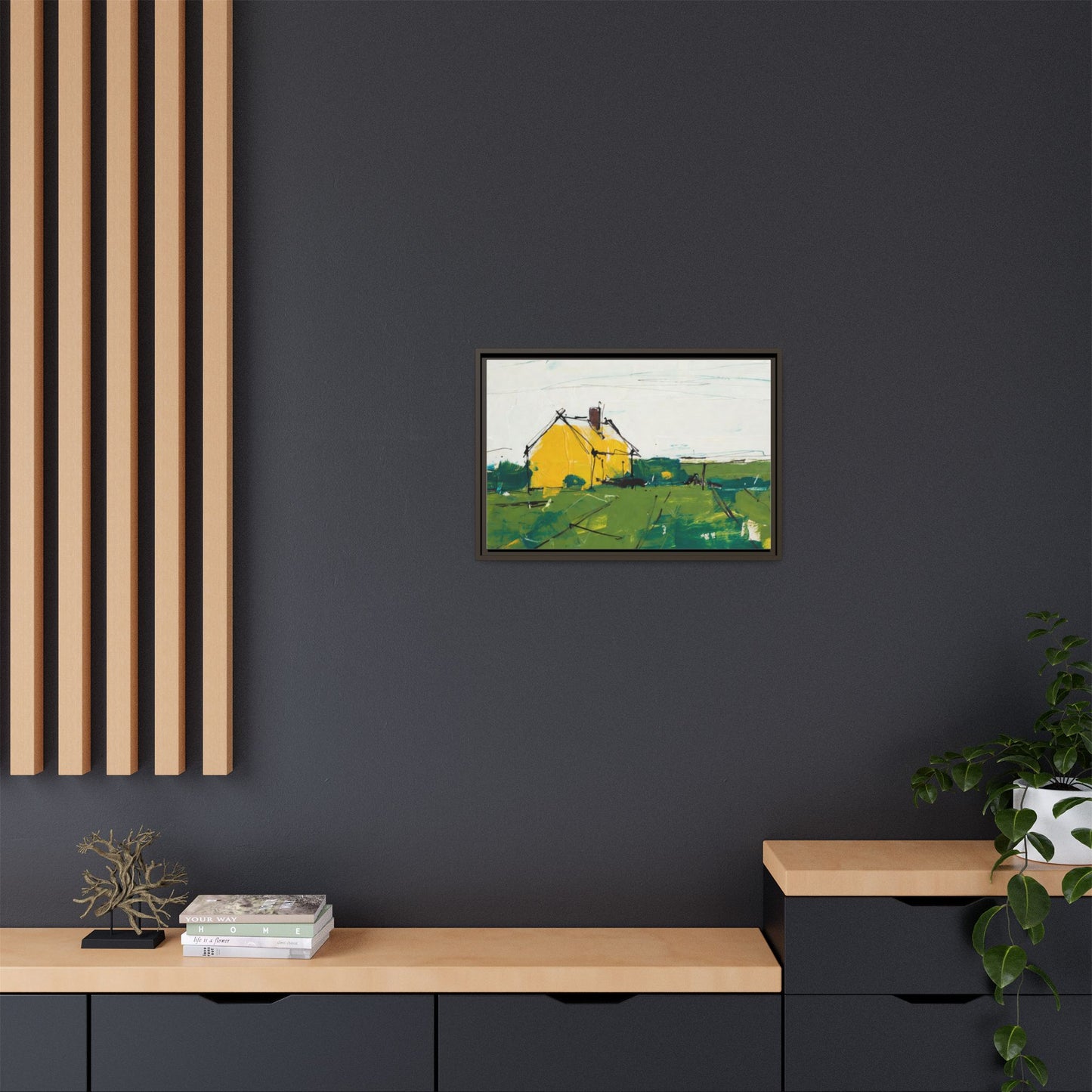 Yellow Cottage Landscape Framed Canvas Print