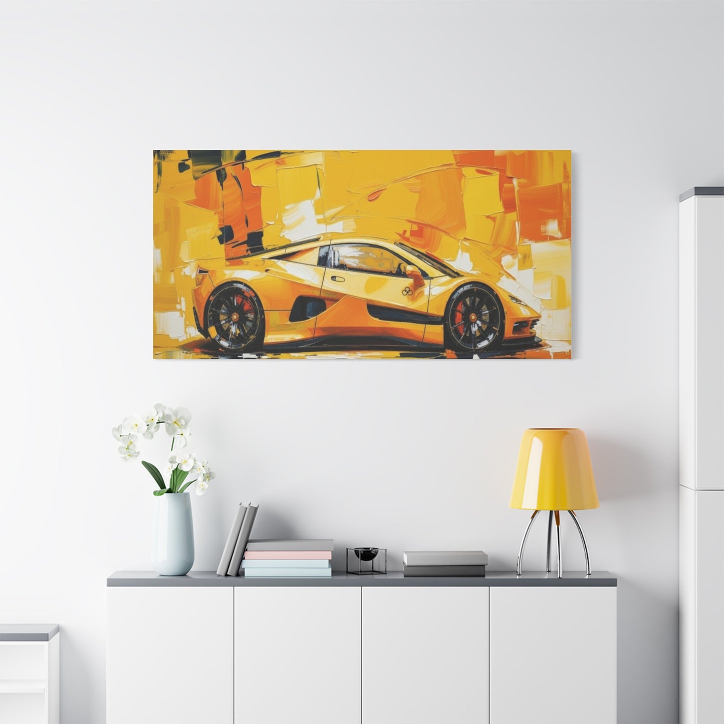 Yellow Sports Car Abstract Canvas Art - Matte Stretched Wall Print