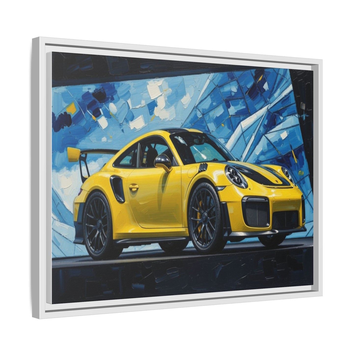 Yellow Porsche Sports Car Matte Framed Canvas – Modern Automotive Wall Art