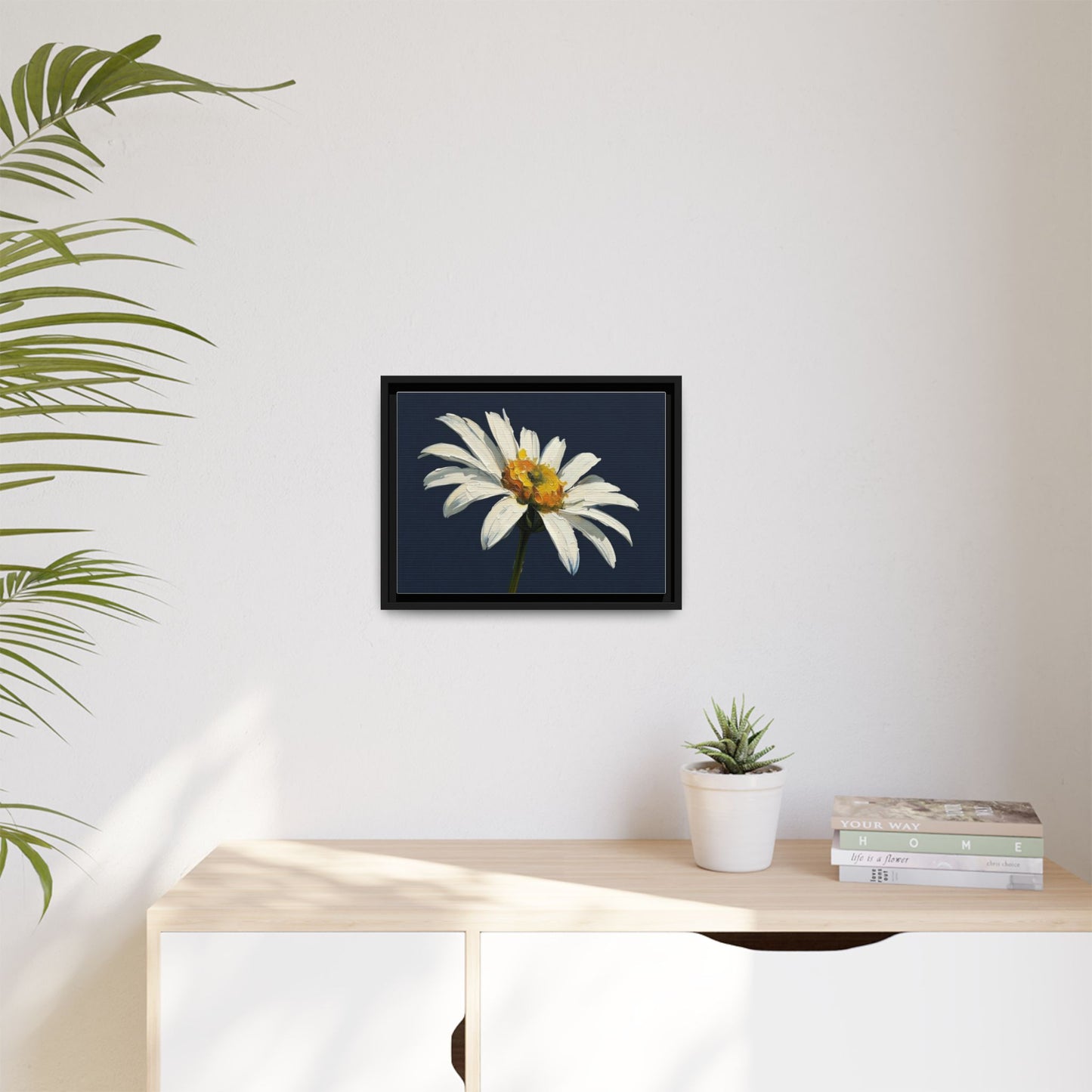 Framed Matte Canvas Daisy Wall Art — White Floral Painting on Navy