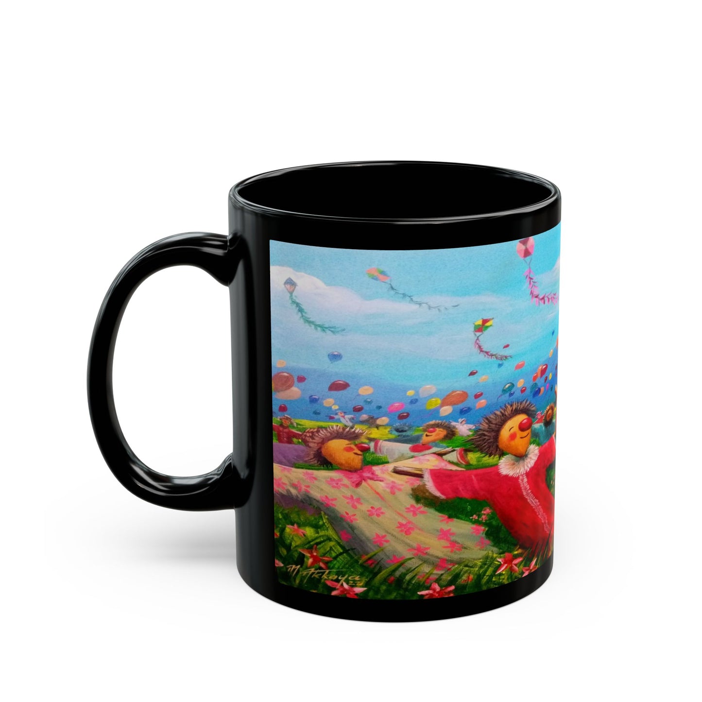 Black Ceramic Mug — Whimsical Kite Festival Art (11oz & 15oz)