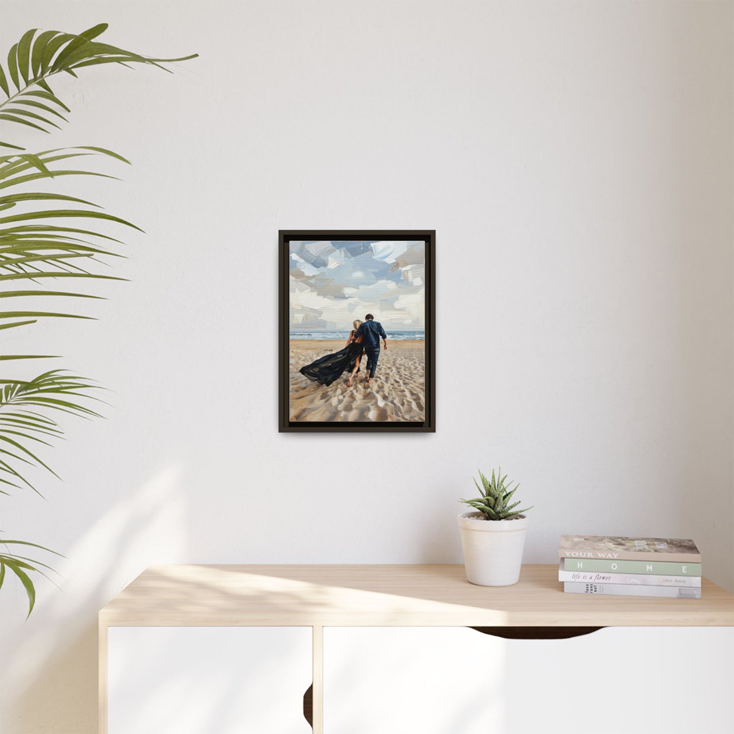 Framed Canvas Wall Art — Romantic Couple Walking on Beach Print