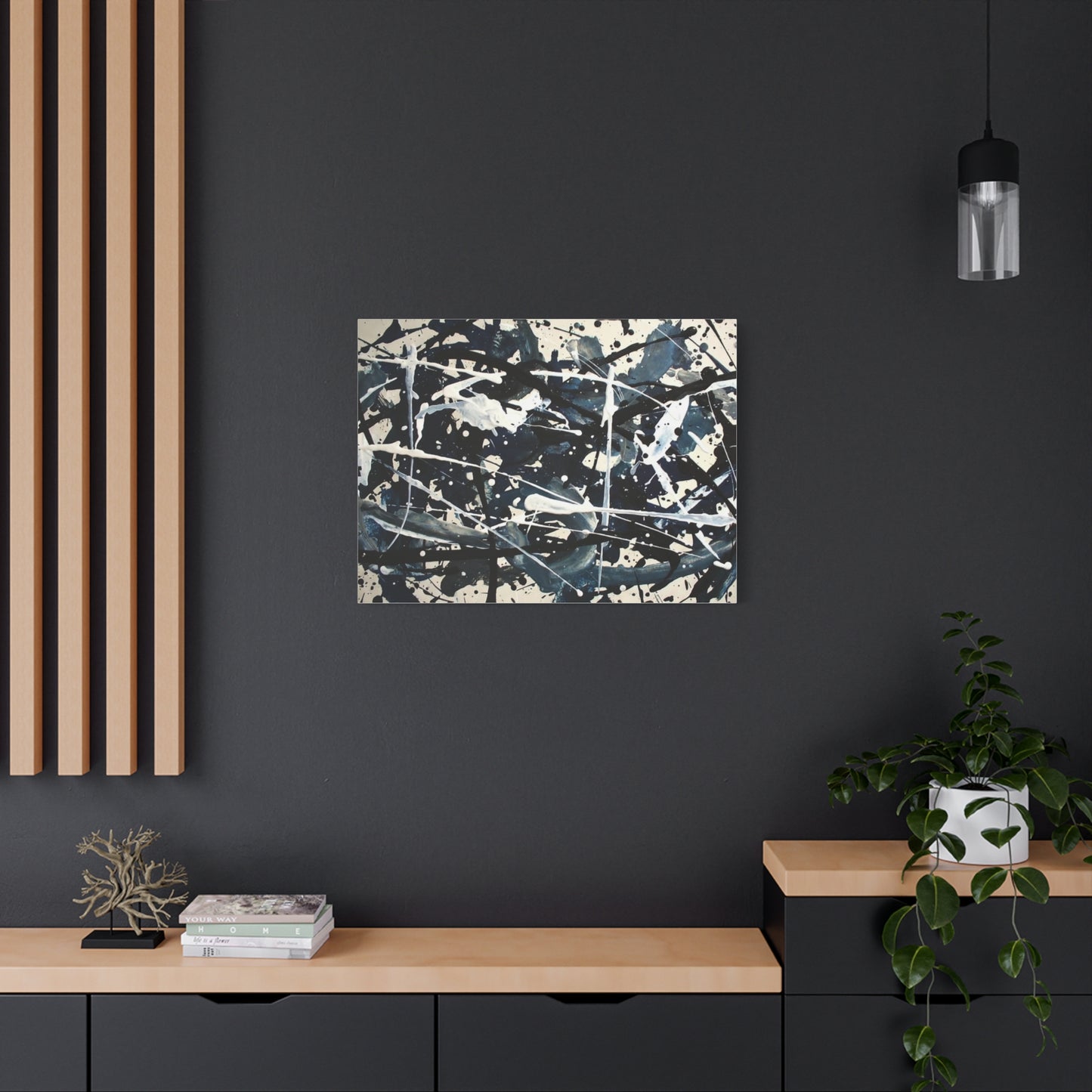 Abstract Drip Painting Canvas Print — Blue & Black Modern Wall Art (Matte Stretched)