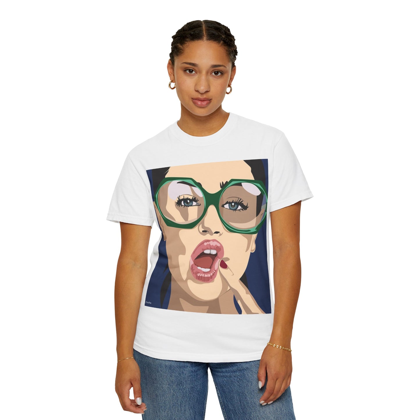 Pop Art Woman Graphic T‑Shirt — Retro Chic Green Glasses Design