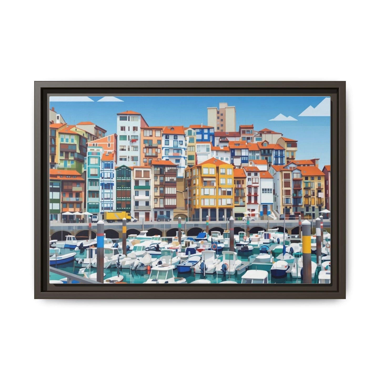 Framed Matte Canvas Print — Colorful Mediterranean Harbor Illustration