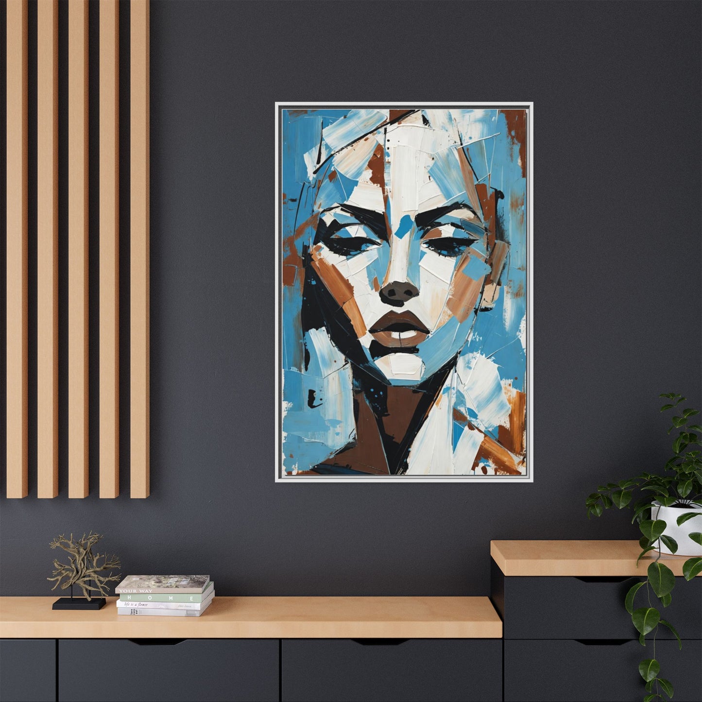 Abstract Blue Face Matte Canvas Wall Art — Framed Modern Portrait Print