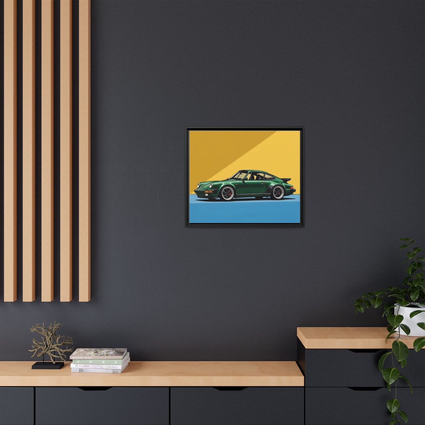 Framed Matte Canvas — Green Sports Car Wall Art