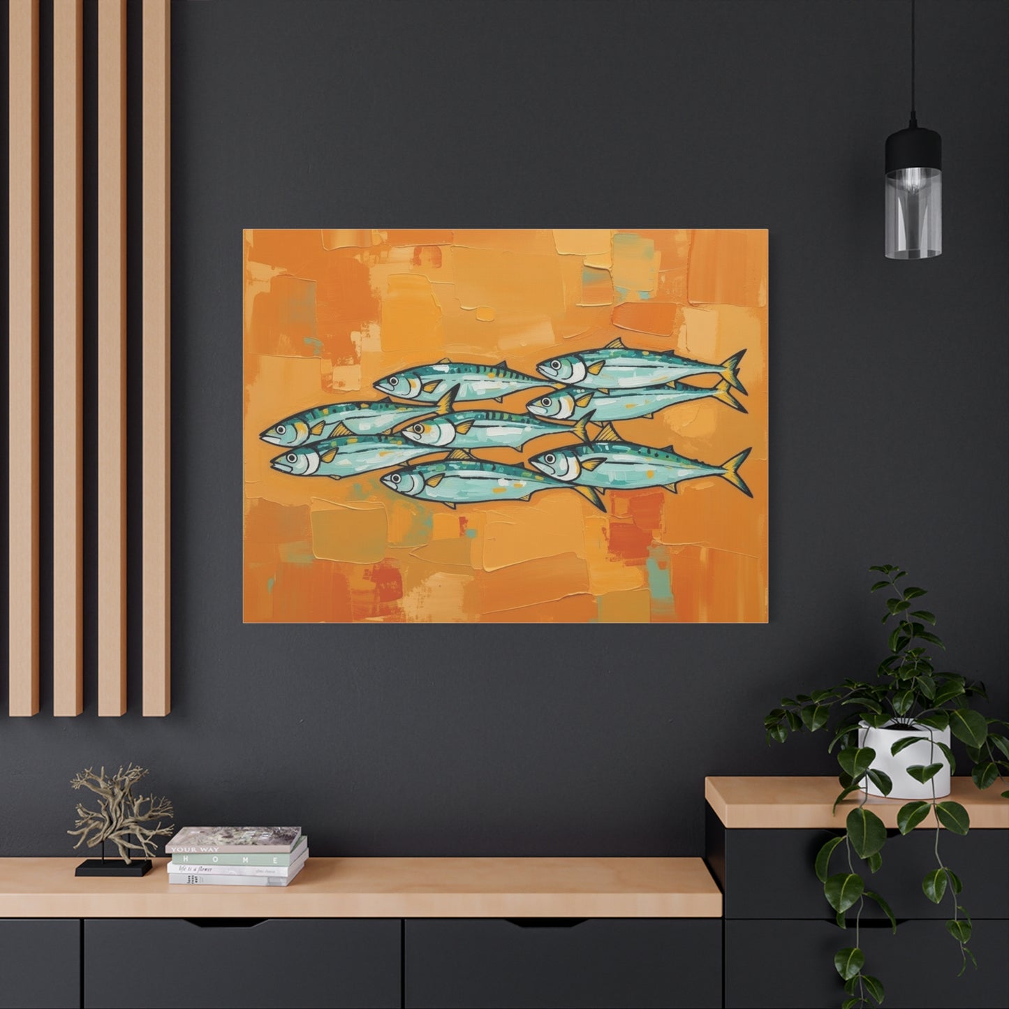 School of Mackerel Canvas Wall Art — Nautical Fish Painting on Orange Background