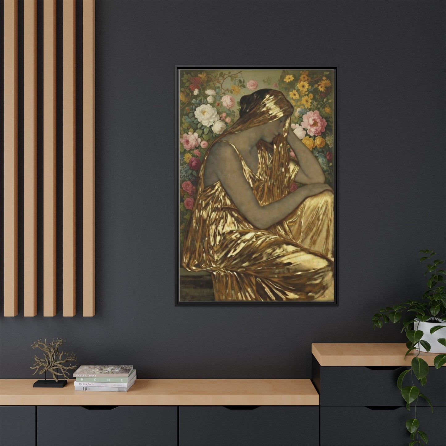 Framed Canvas Art Print — Golden Muse Woman with Floral Background