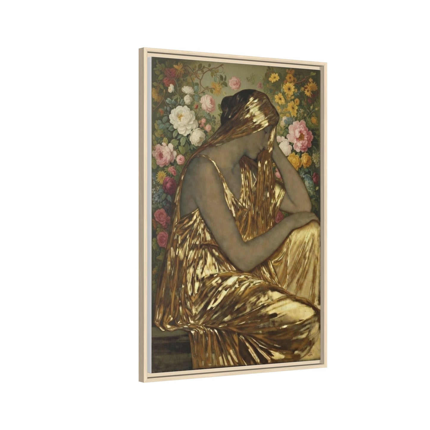 Framed Canvas Art Print — Golden Muse Woman with Floral Background