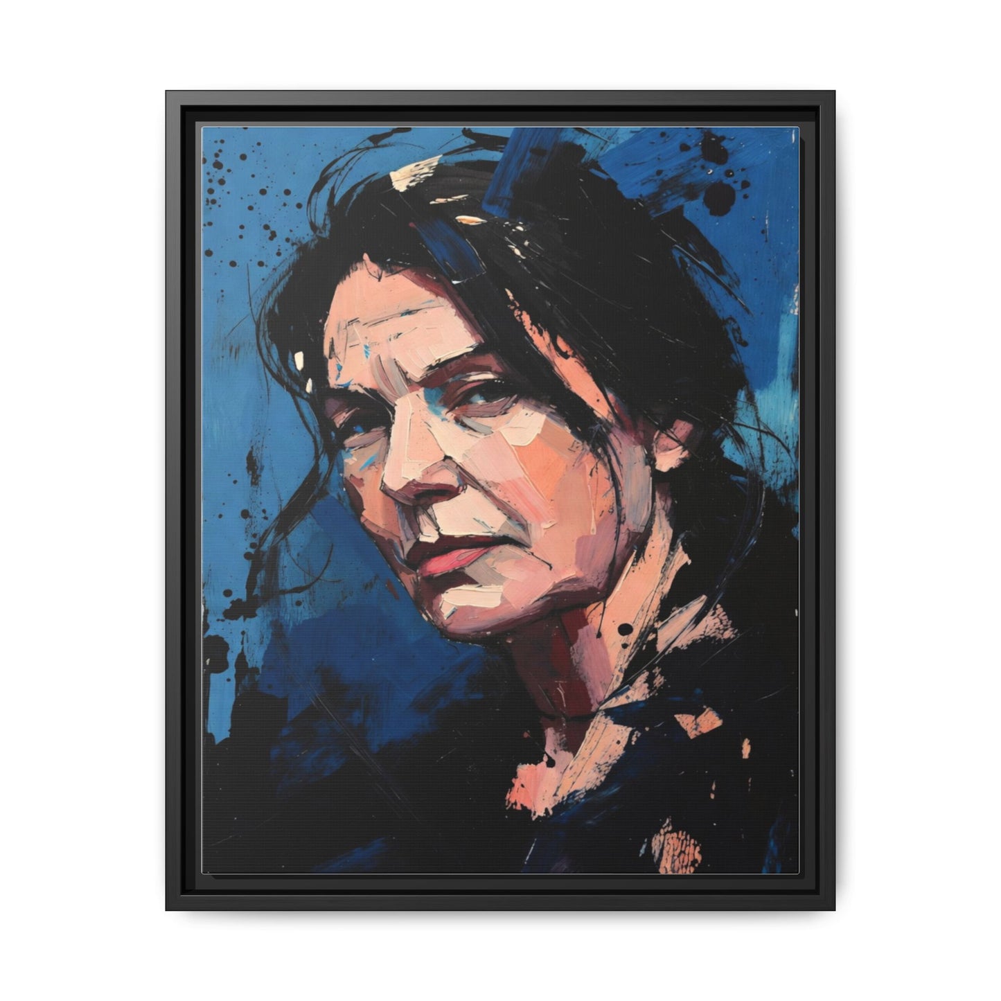Framed Matte Canvas Portrait — Expressive Blue Painterly Woman Art