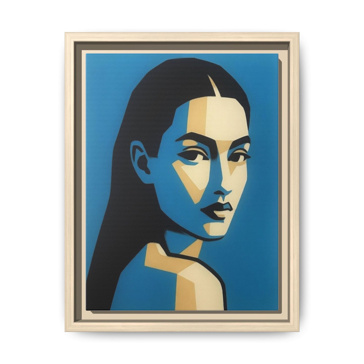 Framed Pop Art Portrait Canvas — Blue Geometric Woman Print