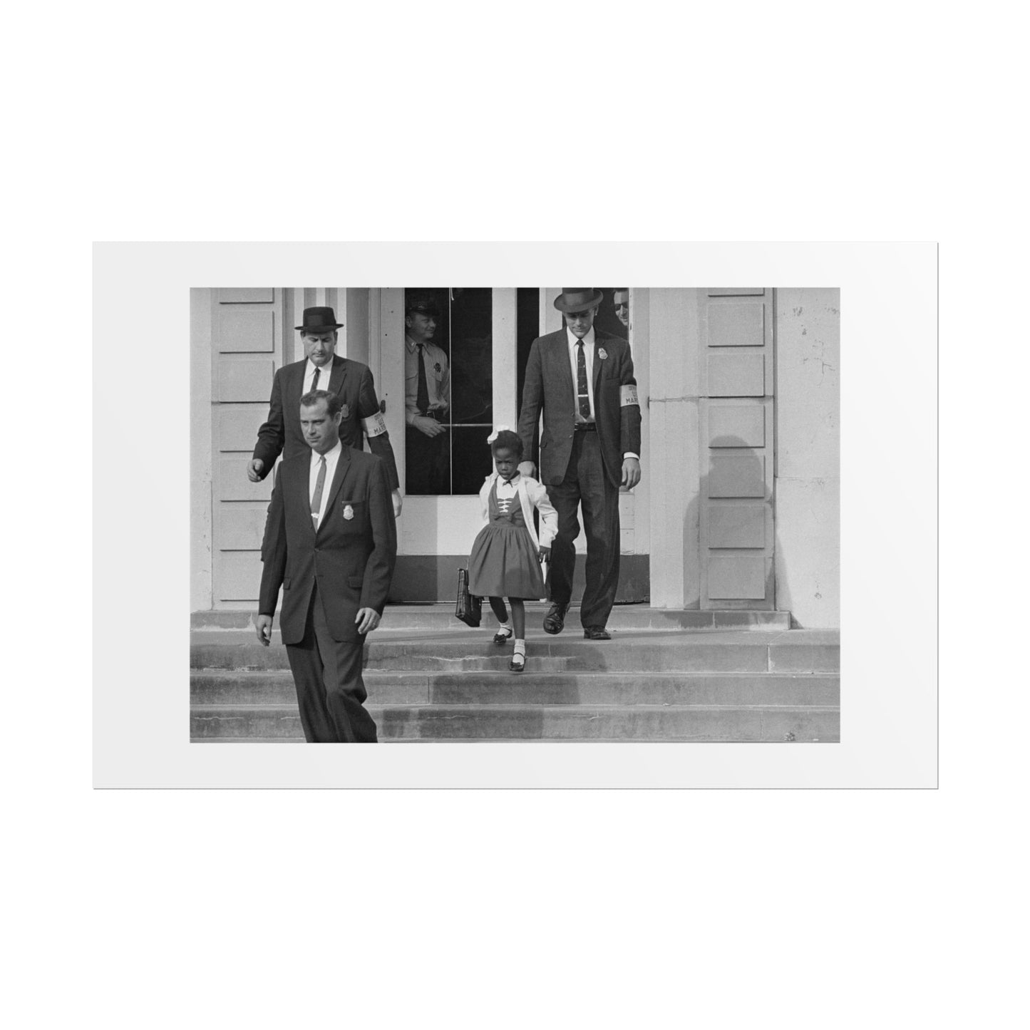 US Marshals with Young Ruby Bridges on School Steps by Unknown  Black & White Civil Rights Photograph Wall Art Print