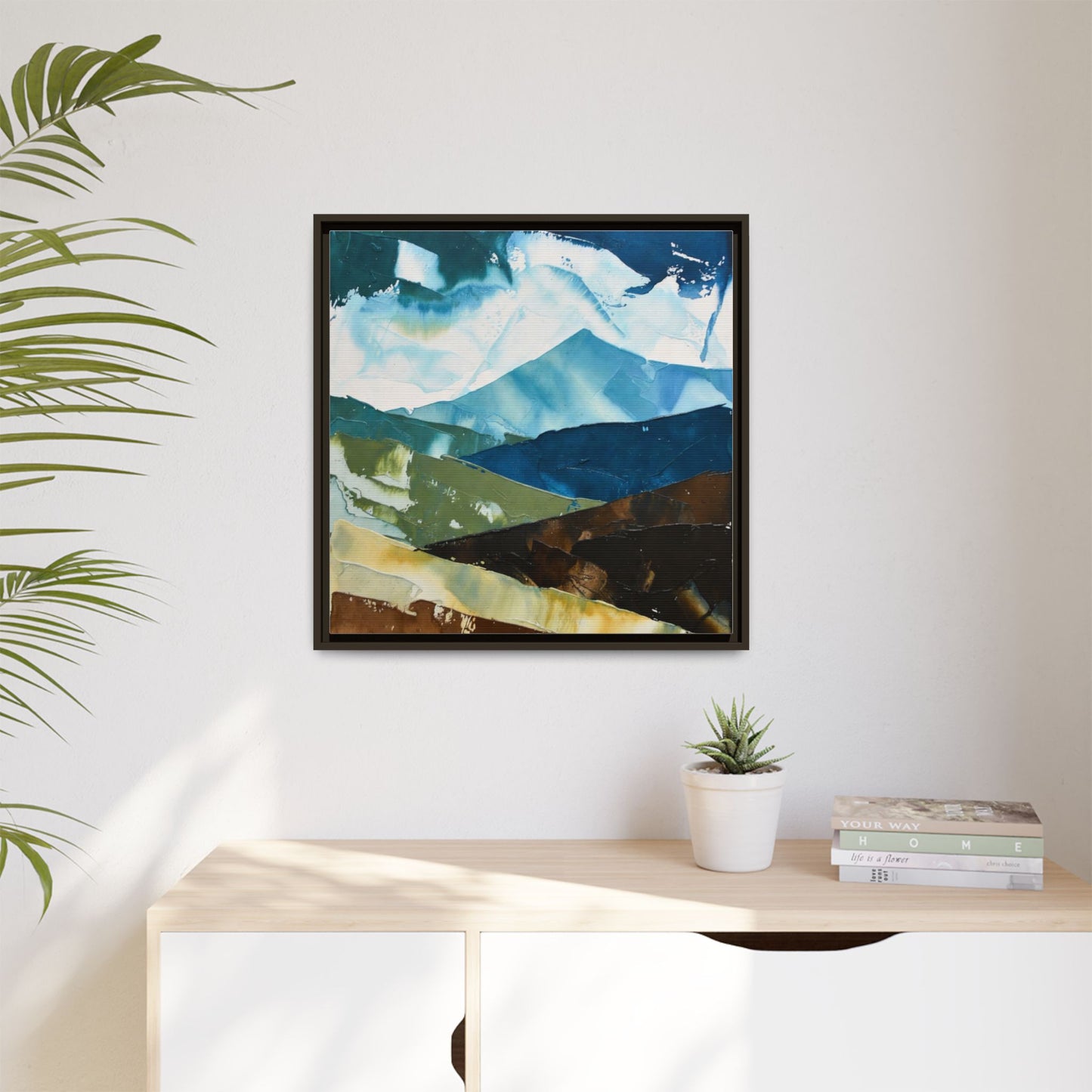 Framed Abstract Mountain Canvas Art — Blue & Earthtone Landscape Print