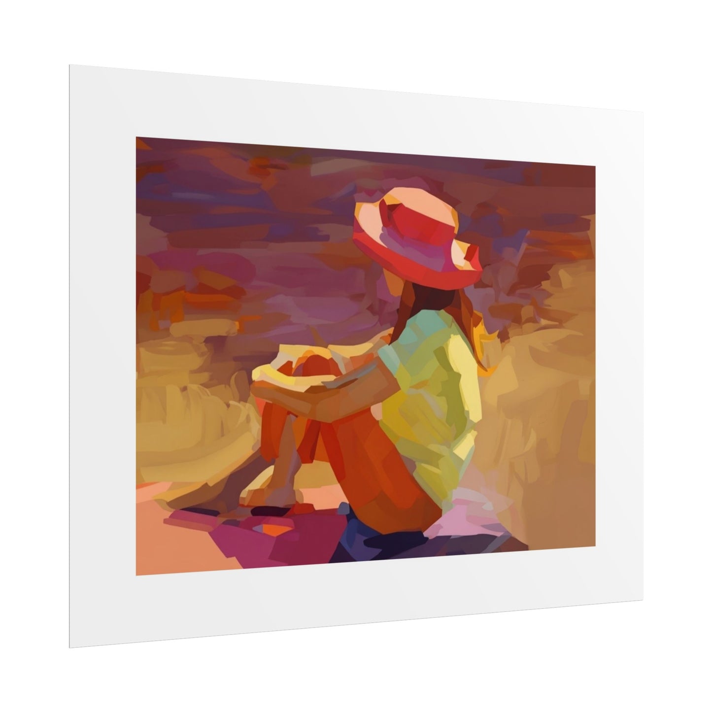 Sunset Daydream Rolled Poster — Colorful Girl in Hat Beach Art Print