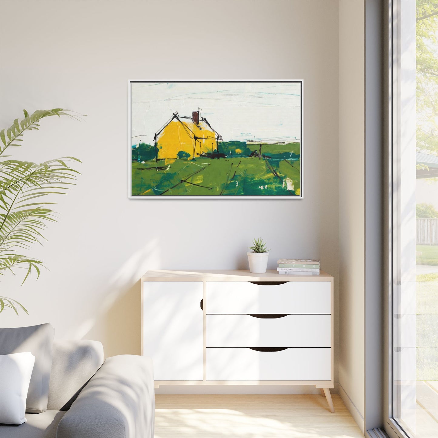 Yellow Cottage Landscape Framed Canvas Print