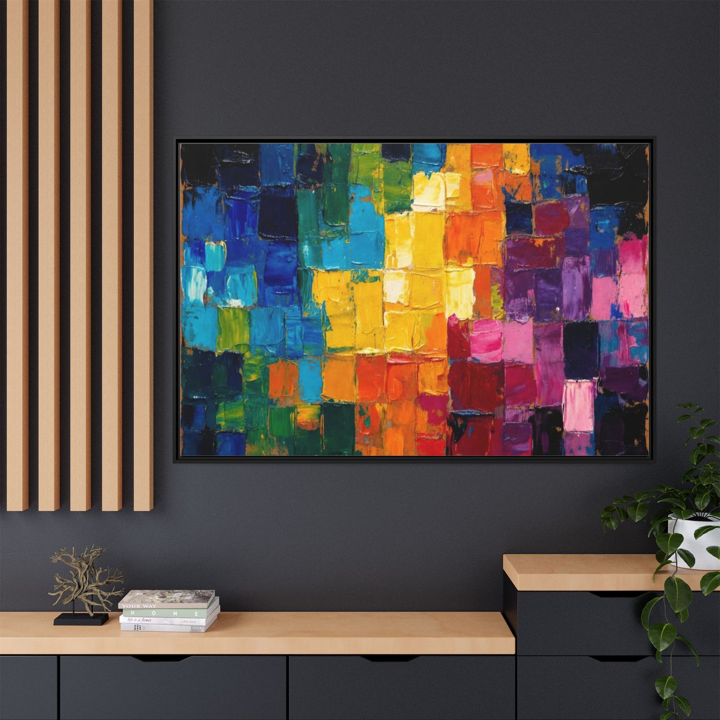 Abstract Rainbow Mosaic Framed Canvas Print — Colorful Modern Wall Art