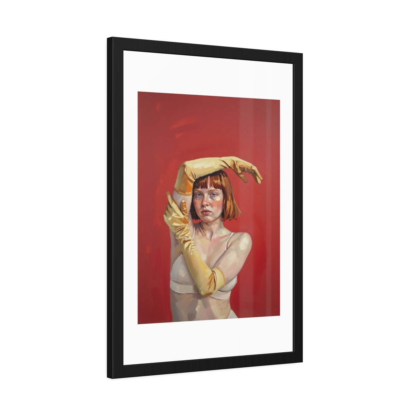 Framed Art Print — Retro Portrait with Yellow Gloves on Red Background