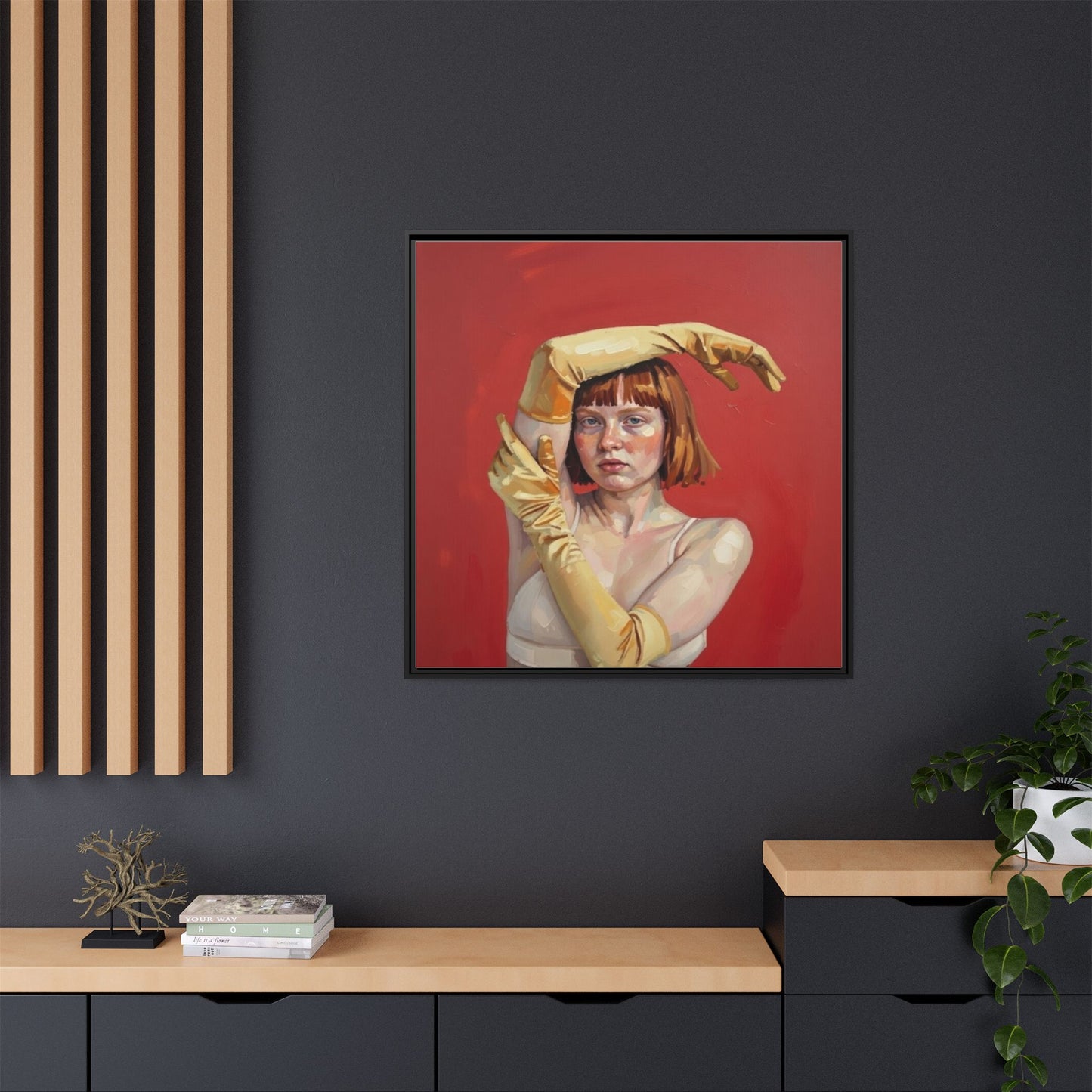Framed Matte Canvas Art - Portrait of Woman in Yellow Gloves (Red Background)