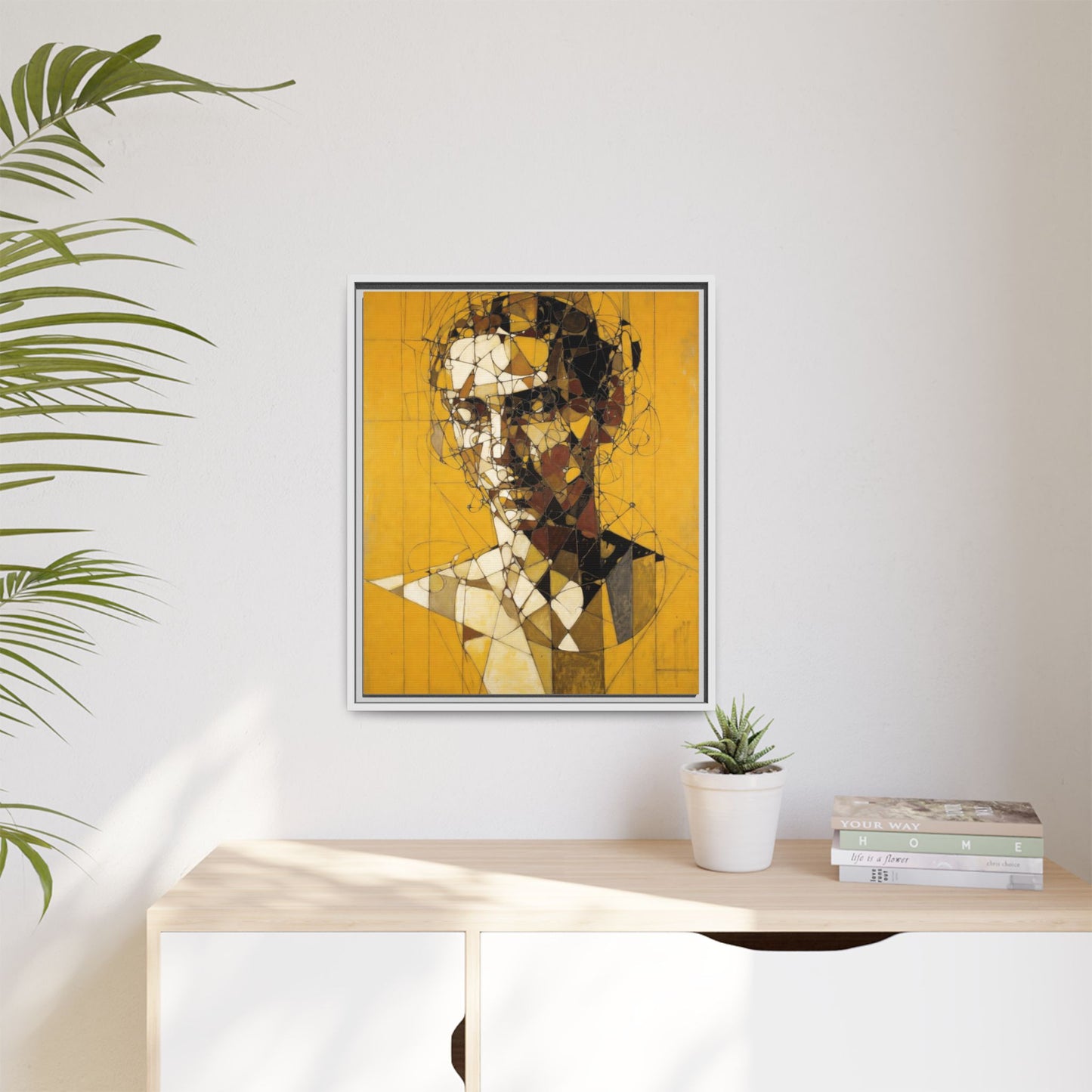 Framed Matte Canvas Art - Abstract Geometric Portrait on Mustard Yellow
