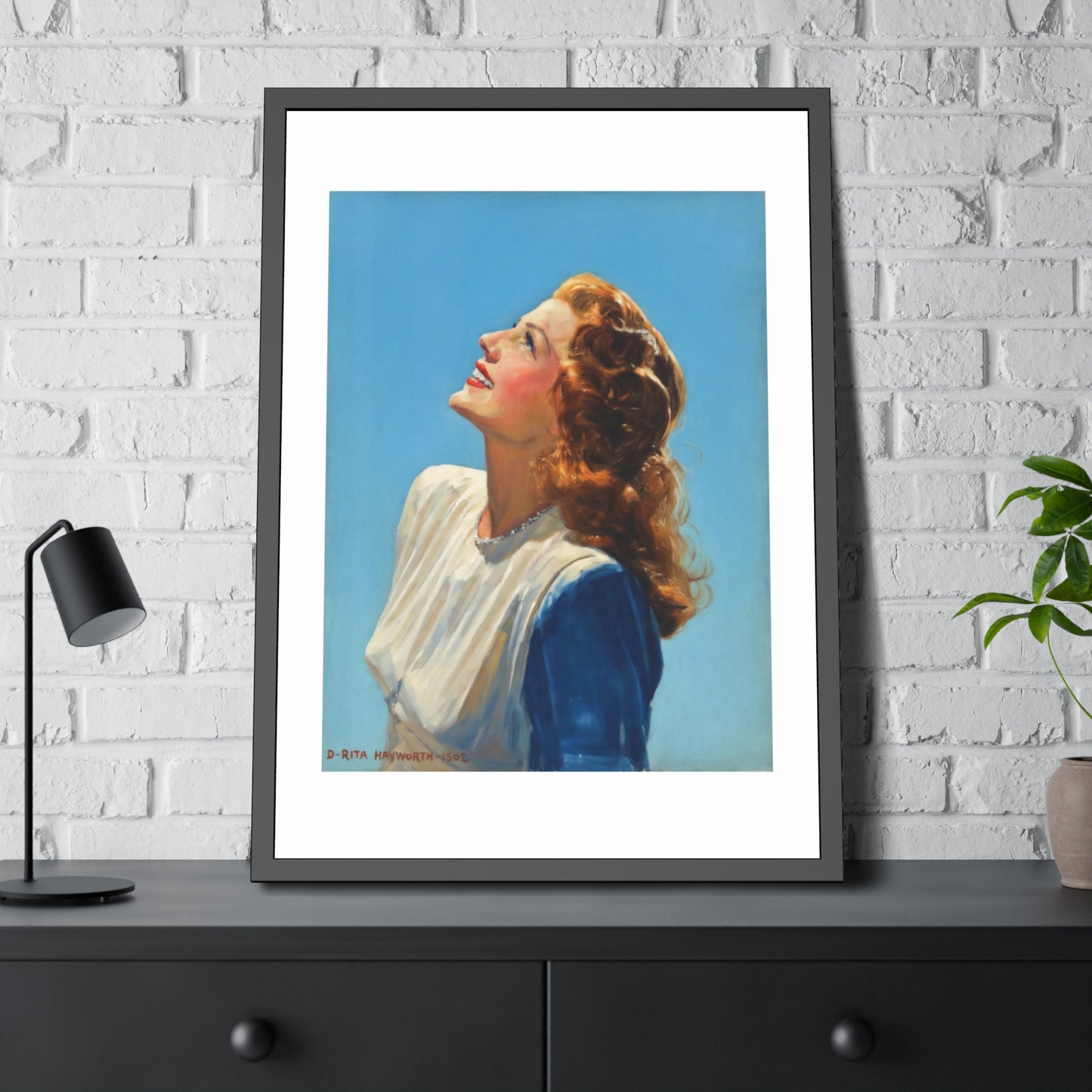 Vintage Rita Hayworth Looking Up Framed Art Print — Retro Mid-century Poster