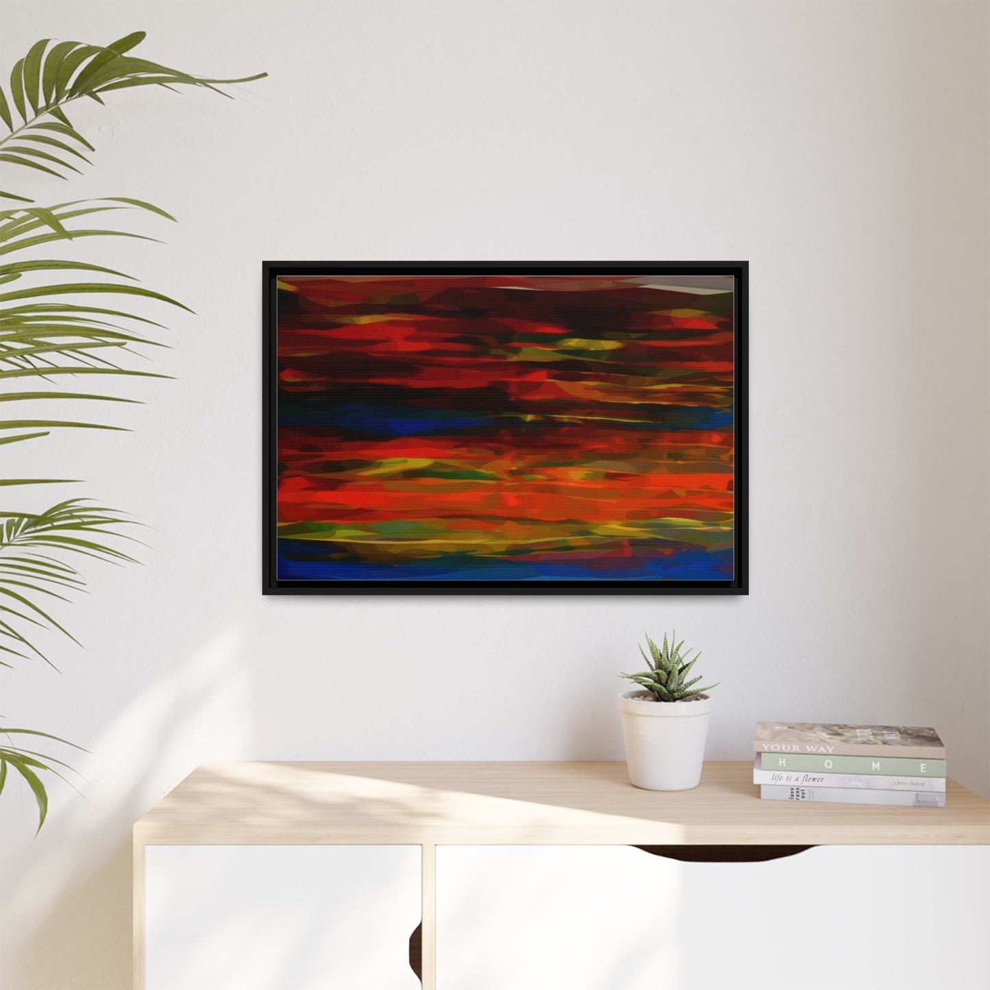 Abstract Multi-Color Matte Canvas Framed Wall Art — Bold Red & Blue Modern Painting
