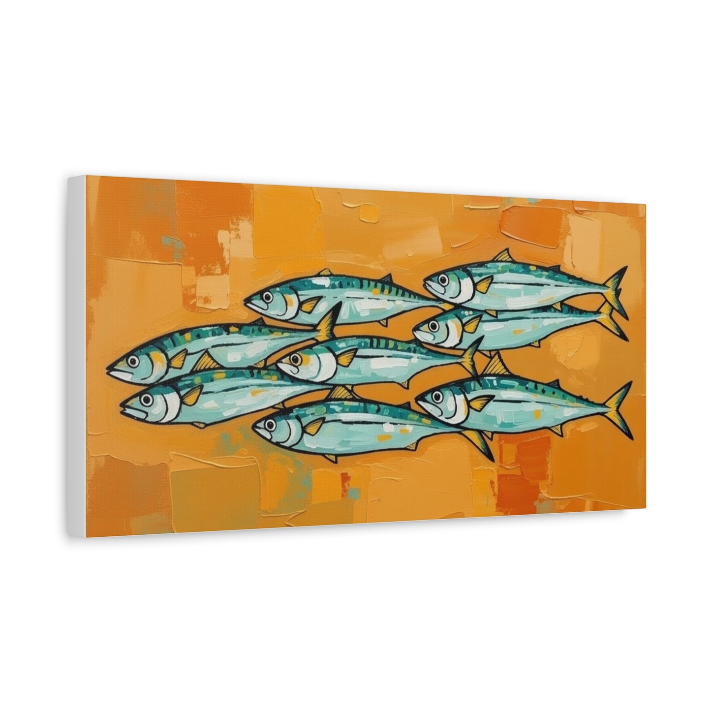 School of Mackerel Canvas Wall Art — Nautical Fish Painting on Orange Background