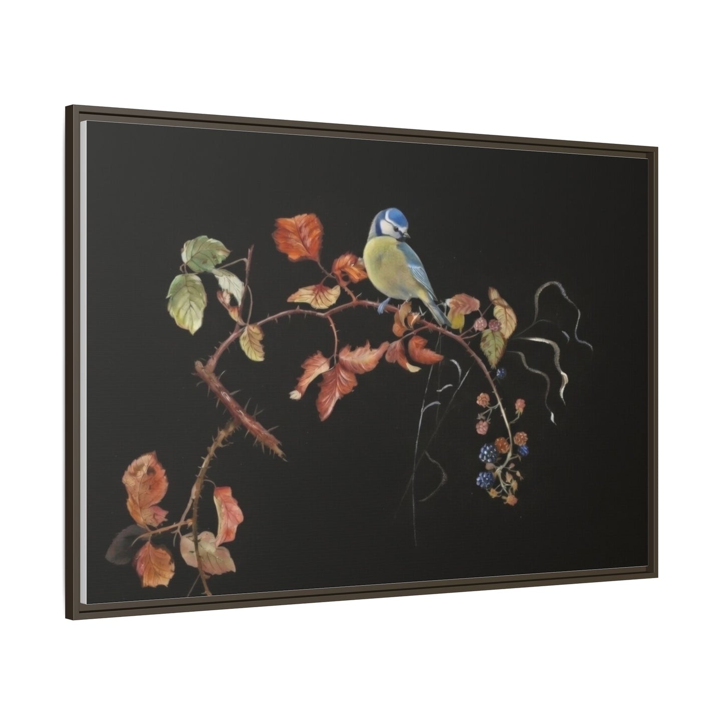 Framed Matte Canvas - Blue Tit on Autumn Branch Wall Art