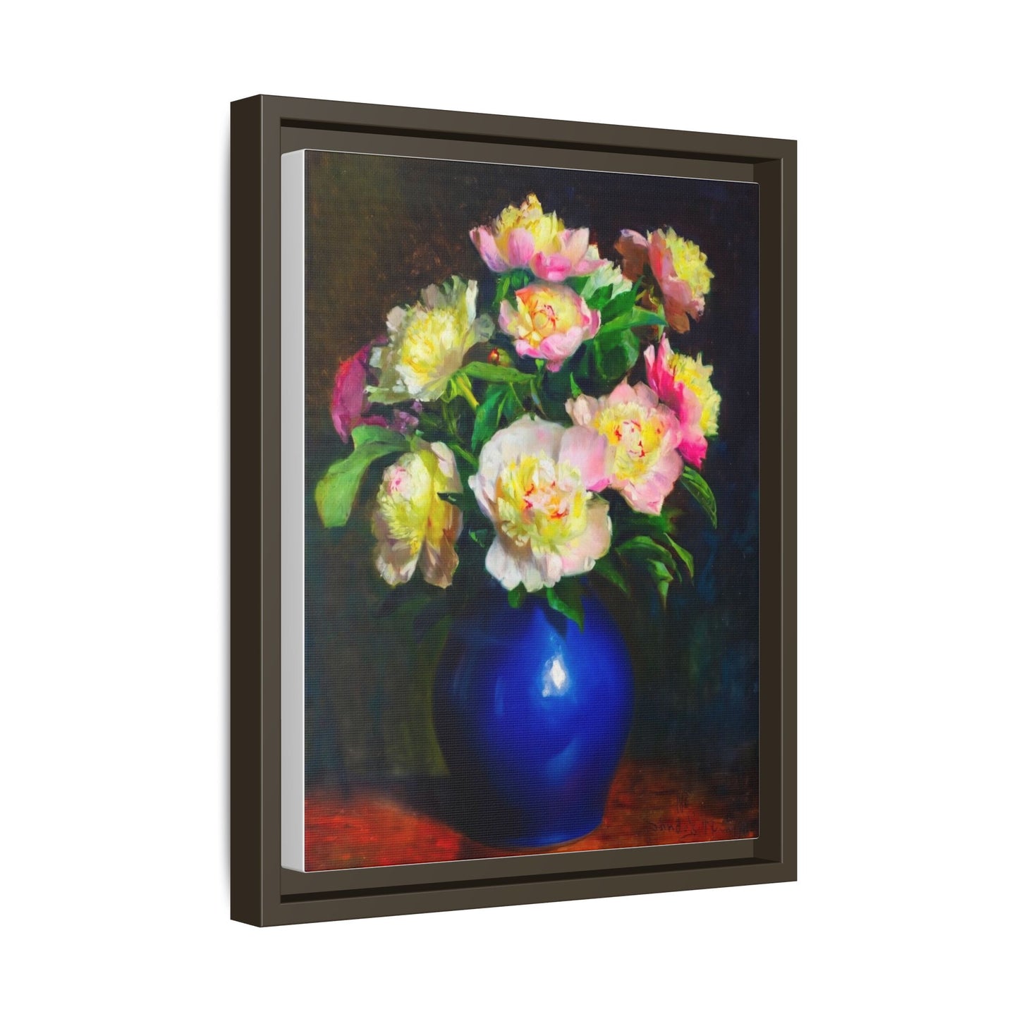 Framed Matte Canvas Wall Art — Vintage Floral Bouquet in Blue Vase