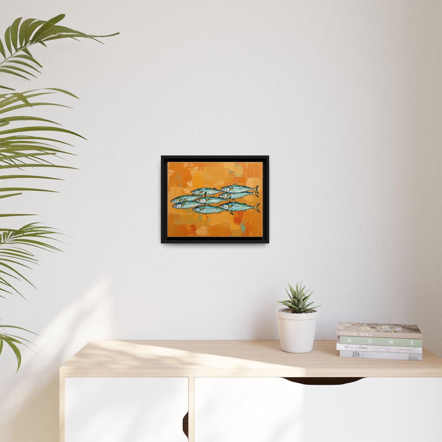 Framed Matte Canvas Print — School of Blue Fish on Orange Abstract Background