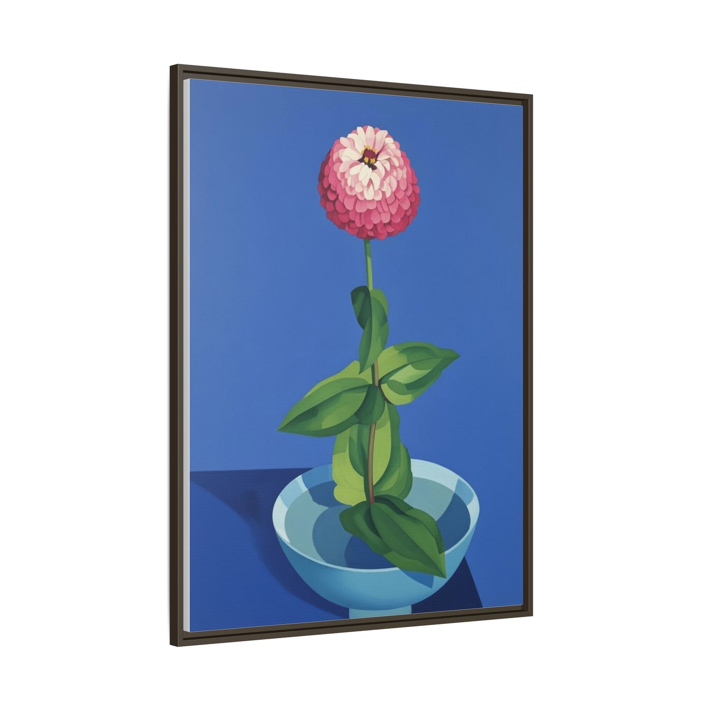 Framed Matte Canvas Art — Pink Zinnia in Blue Bowl (Botanical Still Life)
