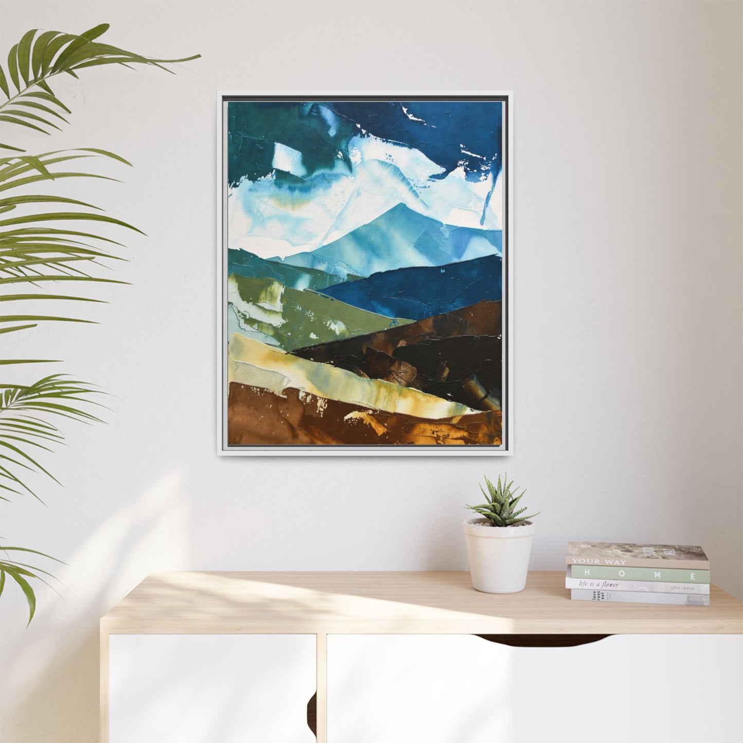 Framed Abstract Mountain Canvas Art — Blue & Earthtone Landscape Print