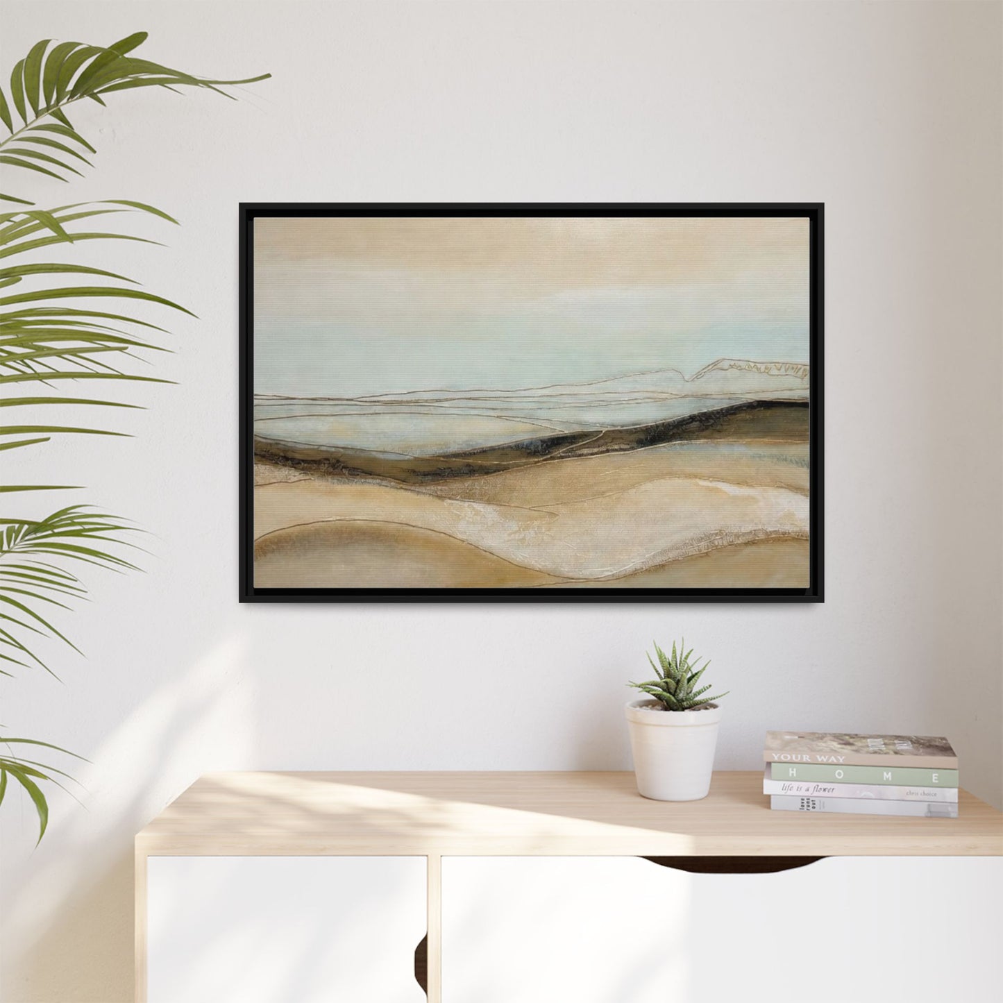 Framed Matte Canvas Wall Art — Neutral Abstract Landscape in Soft Blues & Earth Tones