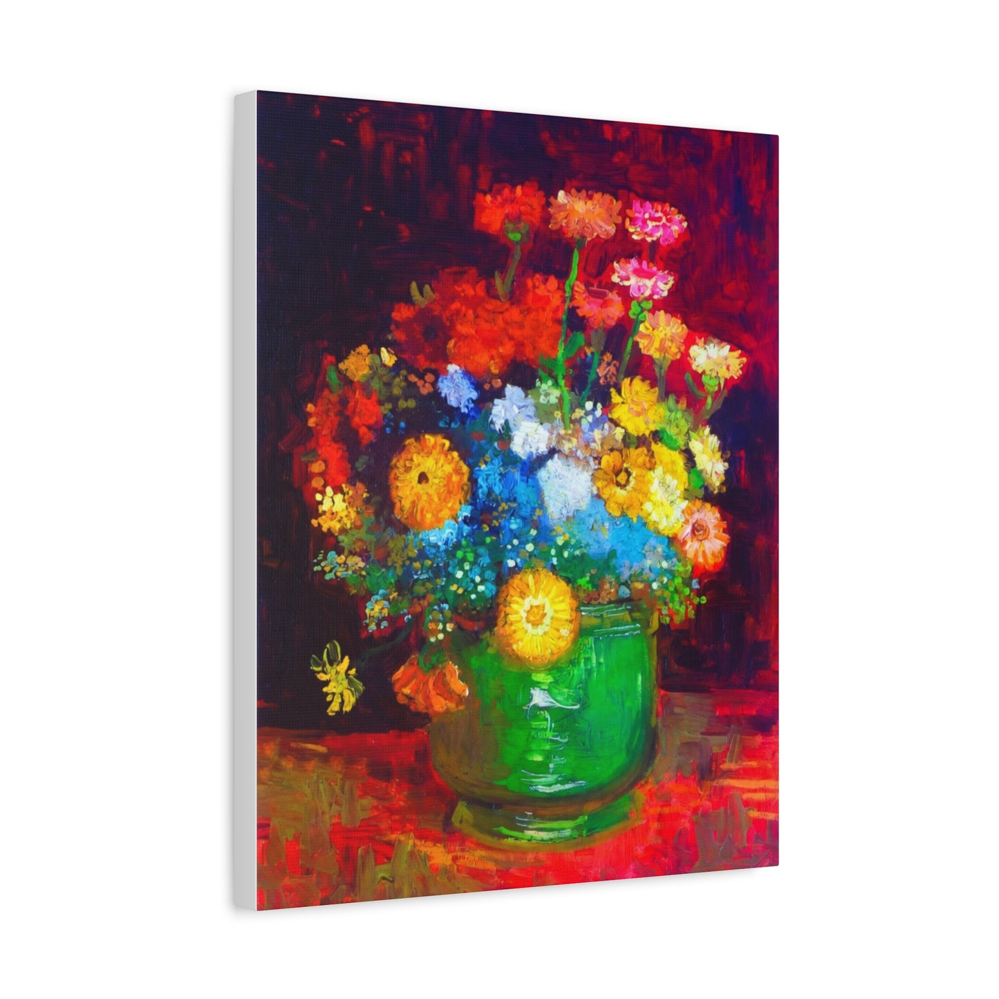 Floral Still Life Canvas Print — Vibrant Bouquet in Green Vase