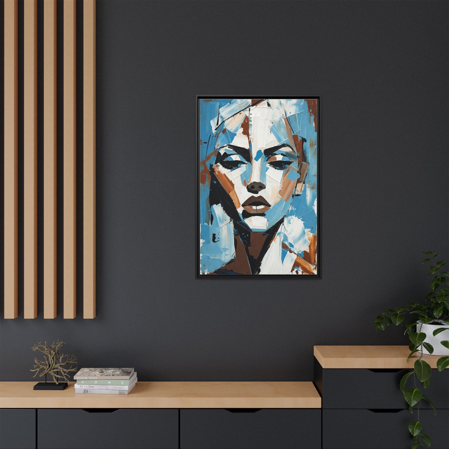 Abstract Blue Face Matte Canvas Wall Art — Framed Modern Portrait Print