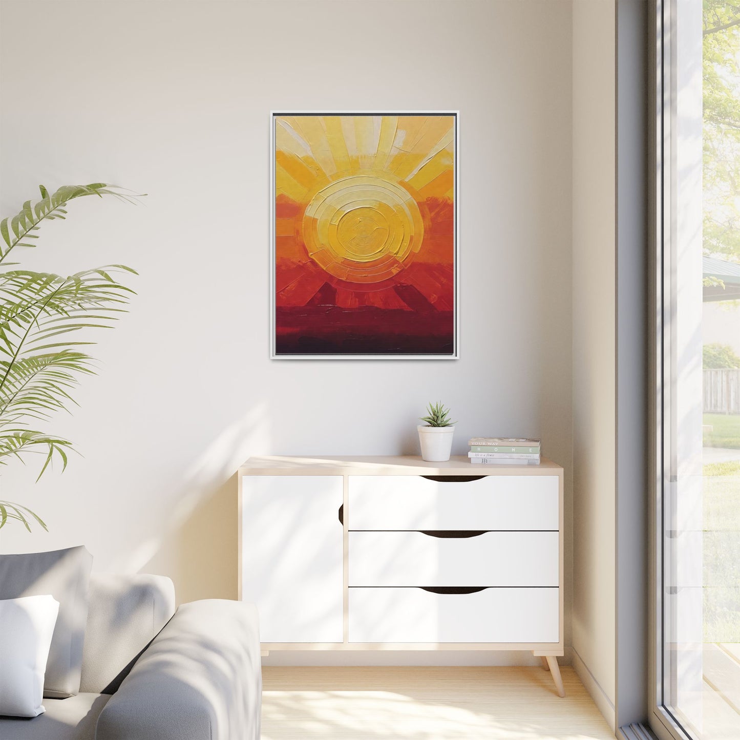 Sunburst Abstract Framed Canvas Art — Matte Multi‑Color Wall Print