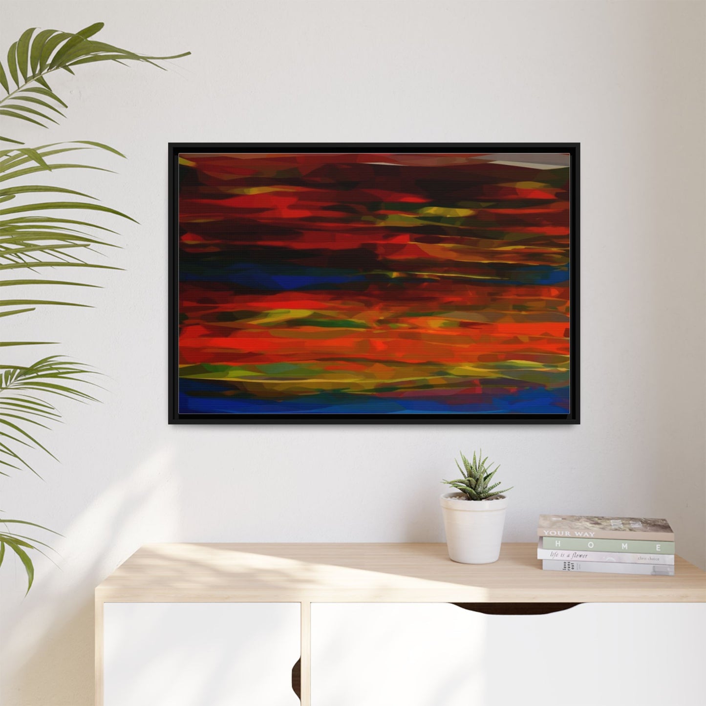 Abstract Multi-Color Matte Canvas Framed Wall Art — Bold Red & Blue Modern Painting