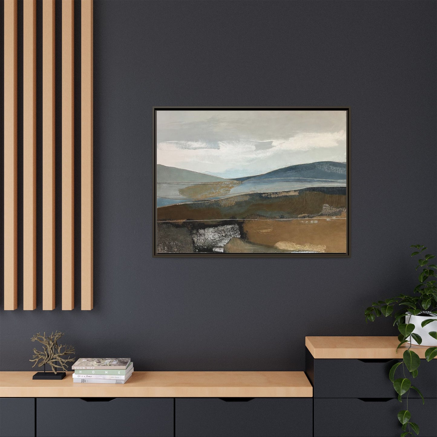 Framed Matte Canvas Landscape Art - Serene Abstract Hills in Blue & Earth Tones