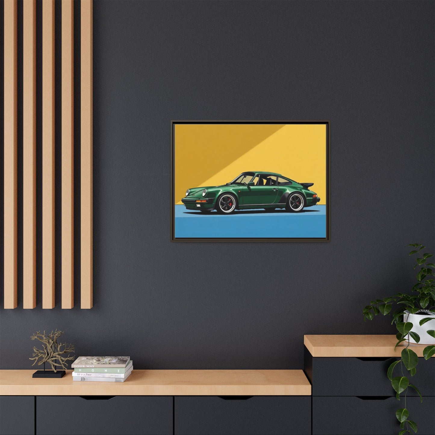 Framed Matte Canvas — Green Sports Car Wall Art