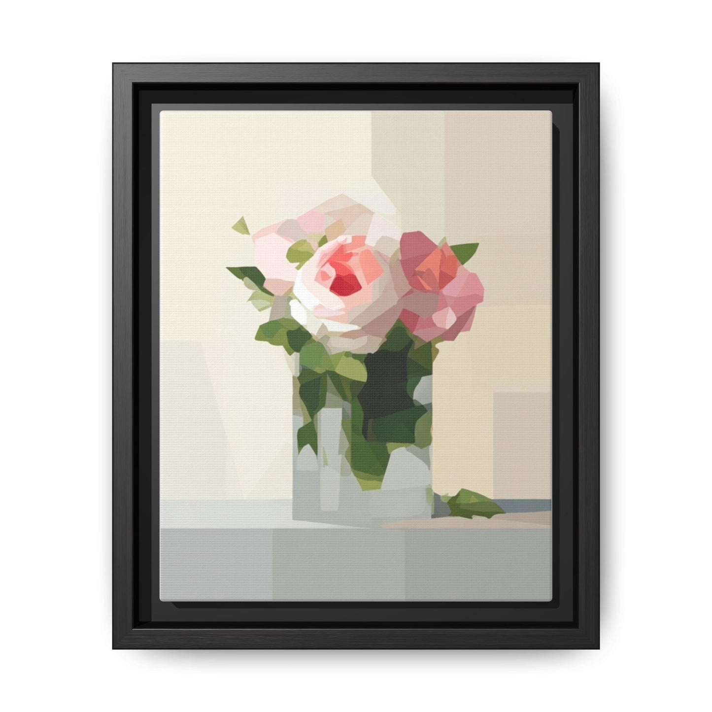 Framed Floral Canvas Print — Geometric Pink Rose Wall Art