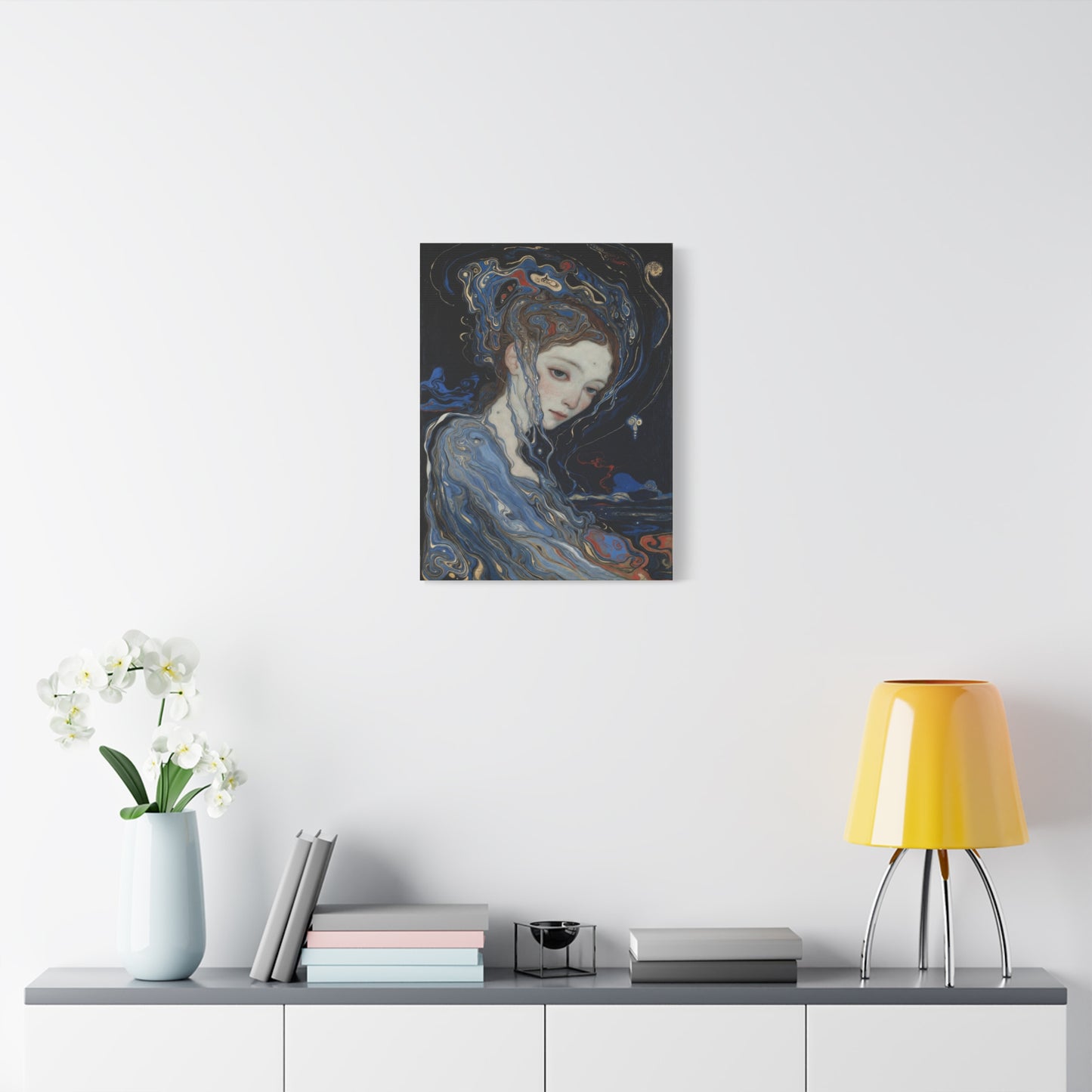 Ethereal Siren Matte Canvas Wall Art — Surreal Blue Portrait, Stretched 1.25"
