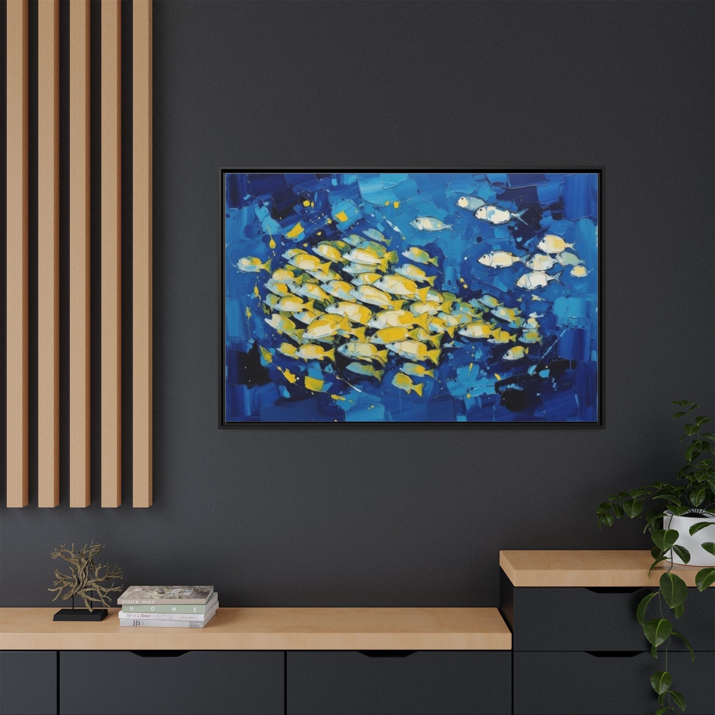 Framed Matte Canvas: Blue School of Fish Wall Art
