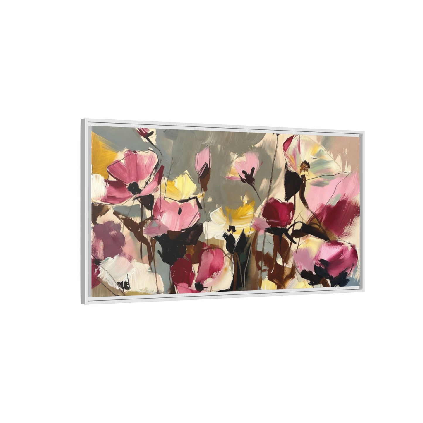 Framed Floral Canvas Wall Art — Abstract Pink & Yellow Flowers