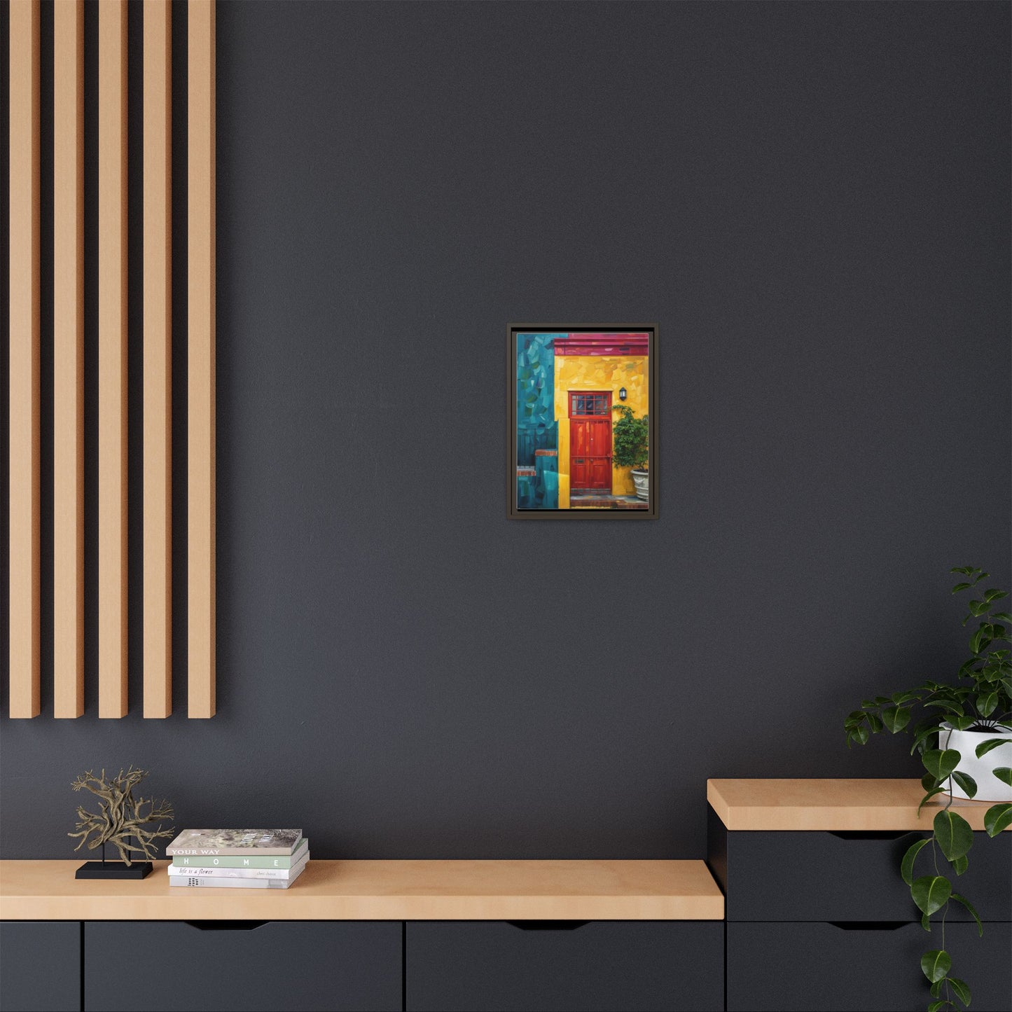 Framed Matte Canvas Wall Art — Colorful Red Door on Yellow Facade